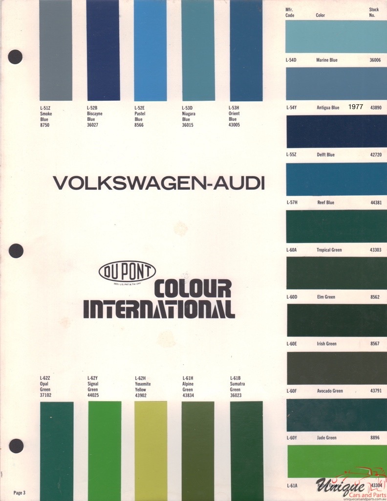 1977 Audi International Paint Charts DuPont 3